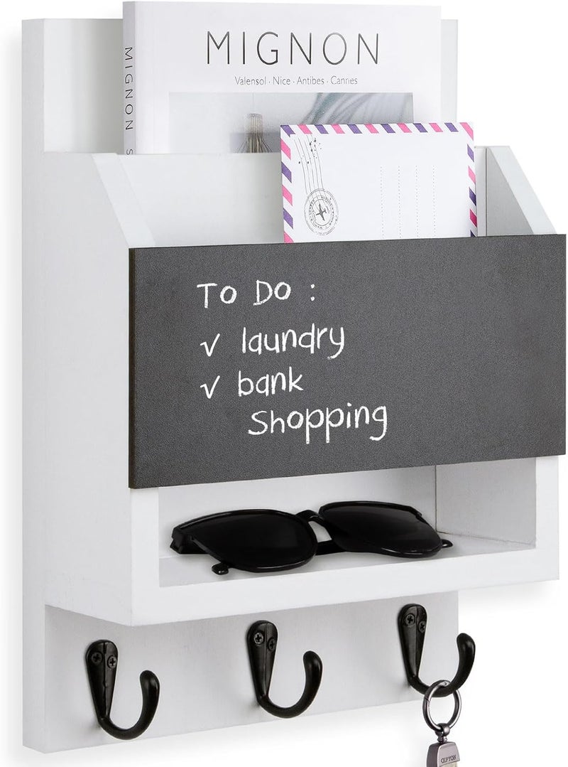 Lucundm Key and Mail Holder for Wall, Key Holder with Chalkboard and Long Storage Box, Key Hanger with 3 Sturdy Hooks for Coat, Dog Leash, Entryway Mail Organizer (White) - Image 1